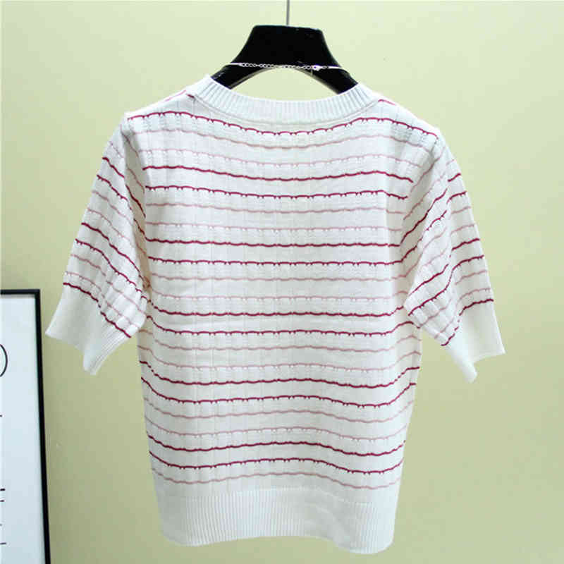 Big Size Casual Stripe Thin Women's Knitwear T-Shirt Korean Fashion Short Sleeve Knitted Tops Femlae Summer O-Neck Pullover Tees 210522
