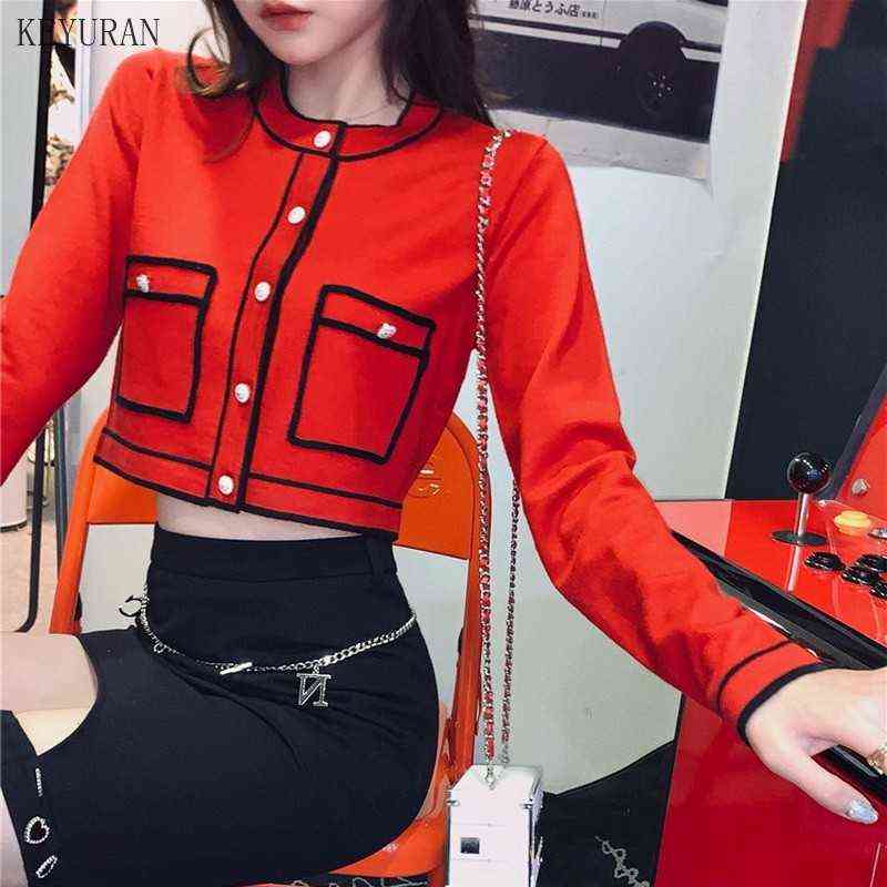 Runway Sweater Cardigan Women Spring Round neck Single Breasted Pink/Red Knitted Jacket Ladies Elegant Knitting Outwear Top 211109