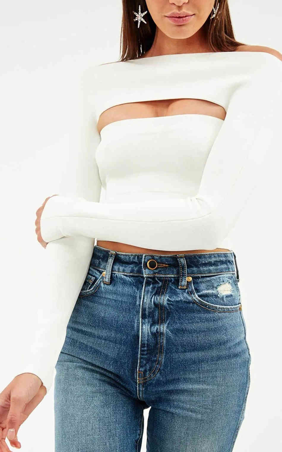 Free Sexy Hedging Bandage Tops Women's Shoulder Long Sleeve Bodycon Hollow Short Club Party 210524