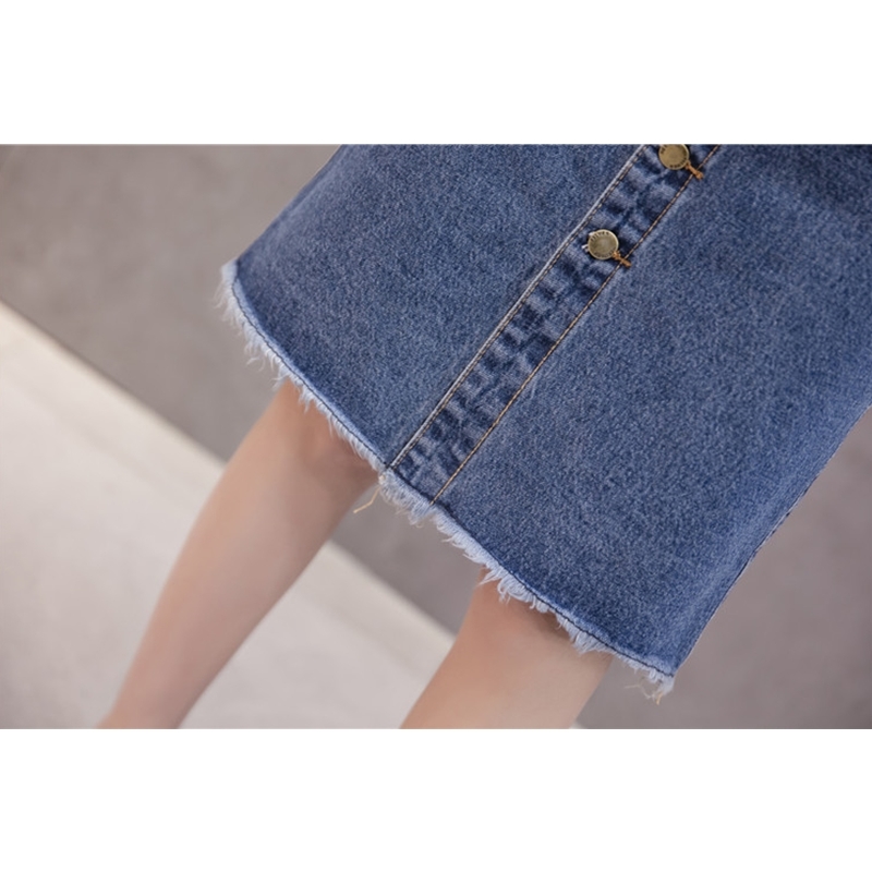 Flectit Button Front Midi Denim for Women Casual High Waist Fray Hem with Pocket Knee Length Jeans Skirt Female * 210408