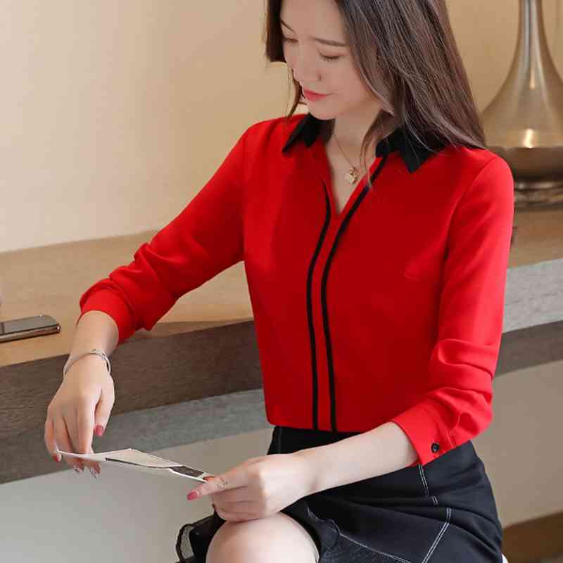 Women Blouse ladies tops solid Chiffon White Shirt Women's Tops Long-sleeved V-Neck Blusas mujer de moda 938H 210420