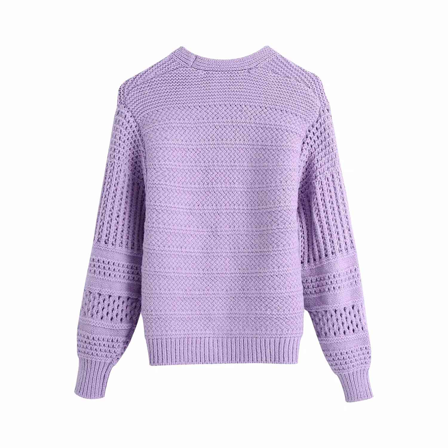 Female Purple Single Breasted Fashion V Neck Cardigan Hollow Out Vintage Sweater Female Chic Long Sleeve Knitted Blouse 210521wtt