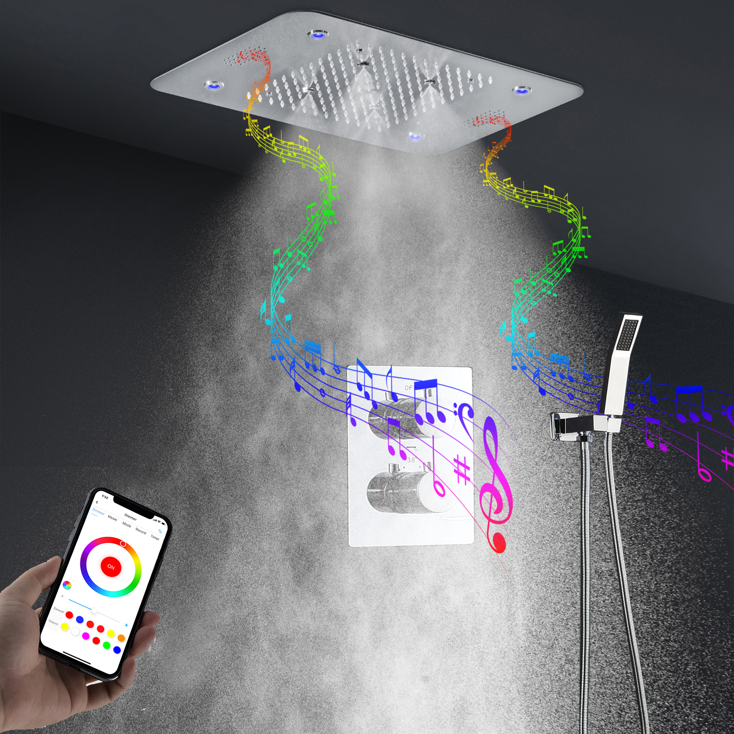 Bathroom Bluetooth Music Shower Set Rain LED ShowerHead 580*380MM Massage Misty Thermostatic Concealed Mixer Faucets Chrome Finished
