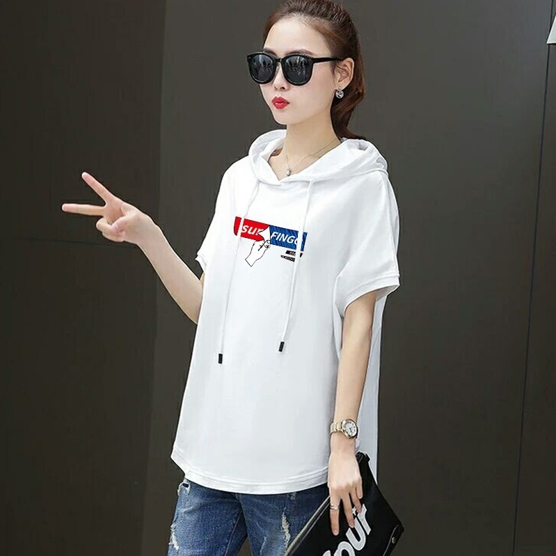 T-shirt female new hooded loose summer casual red white short-sleeved large size women fashion printing t-shirt Cotton 210406