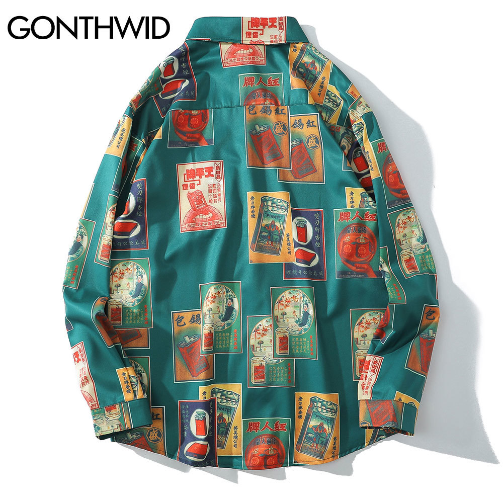 GONTHWID Hawaiian Beach Shirts Harajuku Vintage Poster Print Long Sleeve Aloha Party Holiday Shirt Mens Casual Button Down Tops 210410