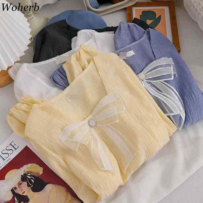 Sweet Square Collar Crop Short Tops Women Bow Beading Fashion Long Sleeve Blouse Summer Casual All Match Blusas 210519