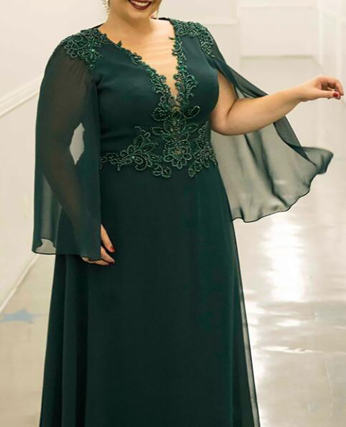 Plus Size Mother of the Bride Dress Dark Green Long Sleeve Beading Chiffon Floor Length Wedding Party Guest Formal Evening Gowns