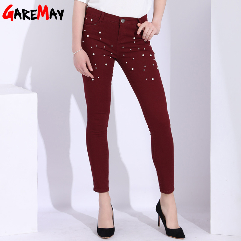 Beaded Pearl Female Jeans Woman Ankle Length Stretch Push Up With Beads Skinny Denim Pants Vaqueros Mujer 210428