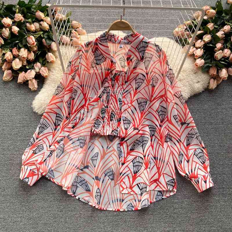 

Vacation style shirt female design sense niche printing sunscreen + camisole two-piece jacket trend 210525, Blue