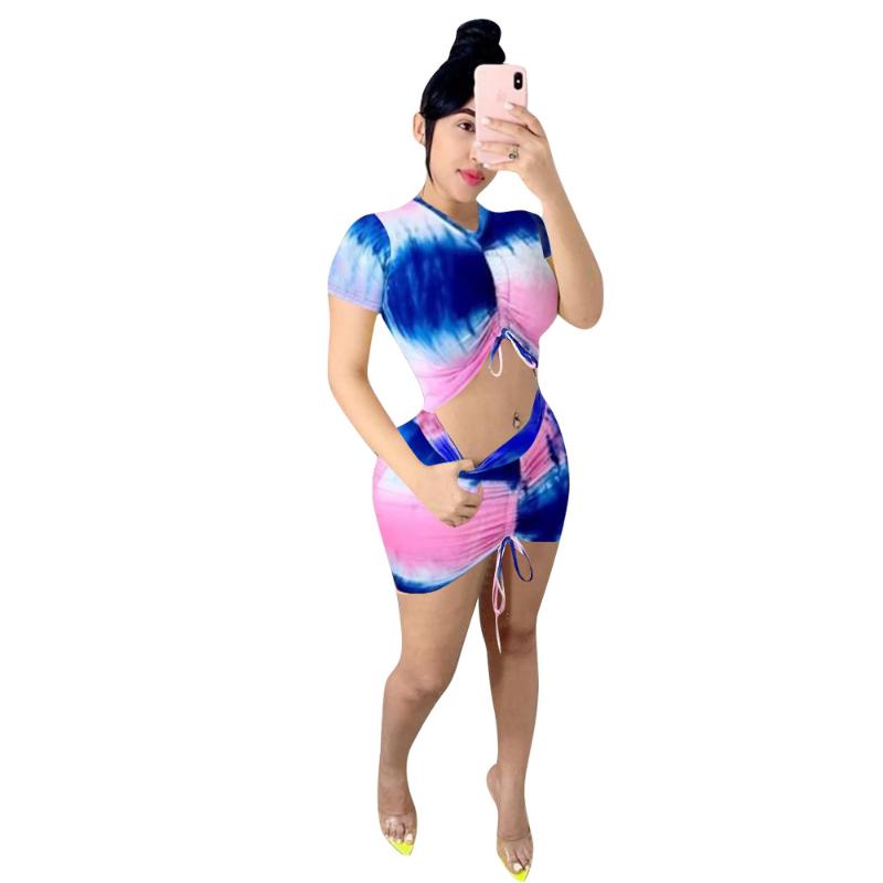 Summer Festival Clothes Women 2 Pieces Skirt Lounge Set Short Sleeve Tie Dye T Shirt Top + Bodycon Skirts Party Club Chic Suit Two Piece Dre