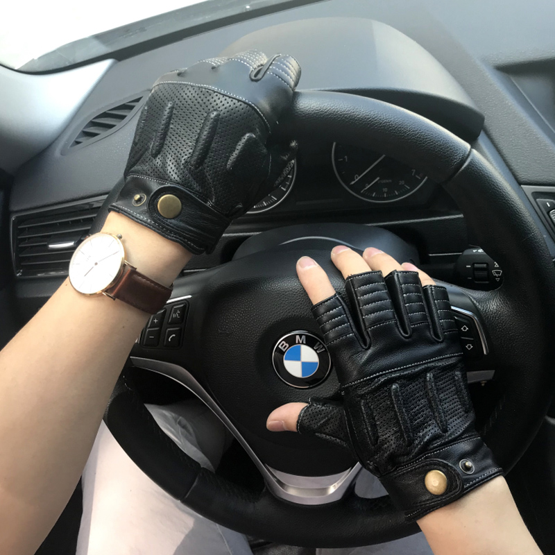 Fashion Non-slip Half Finger Gloves Summer Men Goatskin Motorcycle Leather Male Semi-Fingers Driving