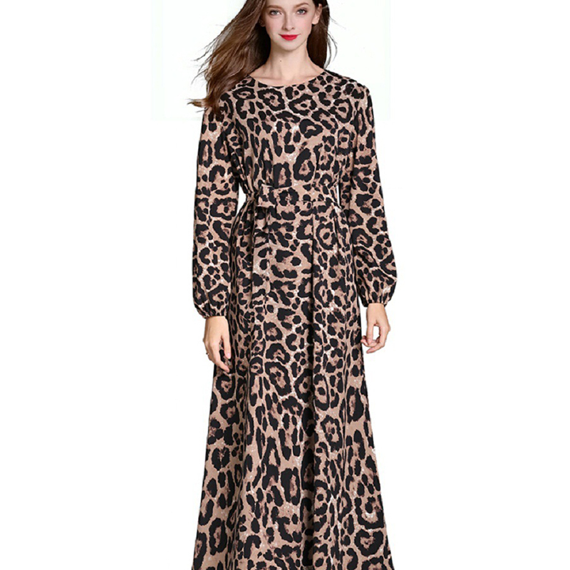 Women Leopard Print Ankle Length Dress Vintage Long Sleeve Casual Party es Ladies Office Elegant O-Neck 210428