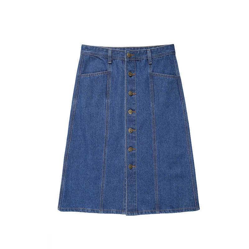 LY VAREY LIN Spring Summer Office Lady Button Mid Length Denim Skirts Casual Single Breasted A-line High Waist 210526