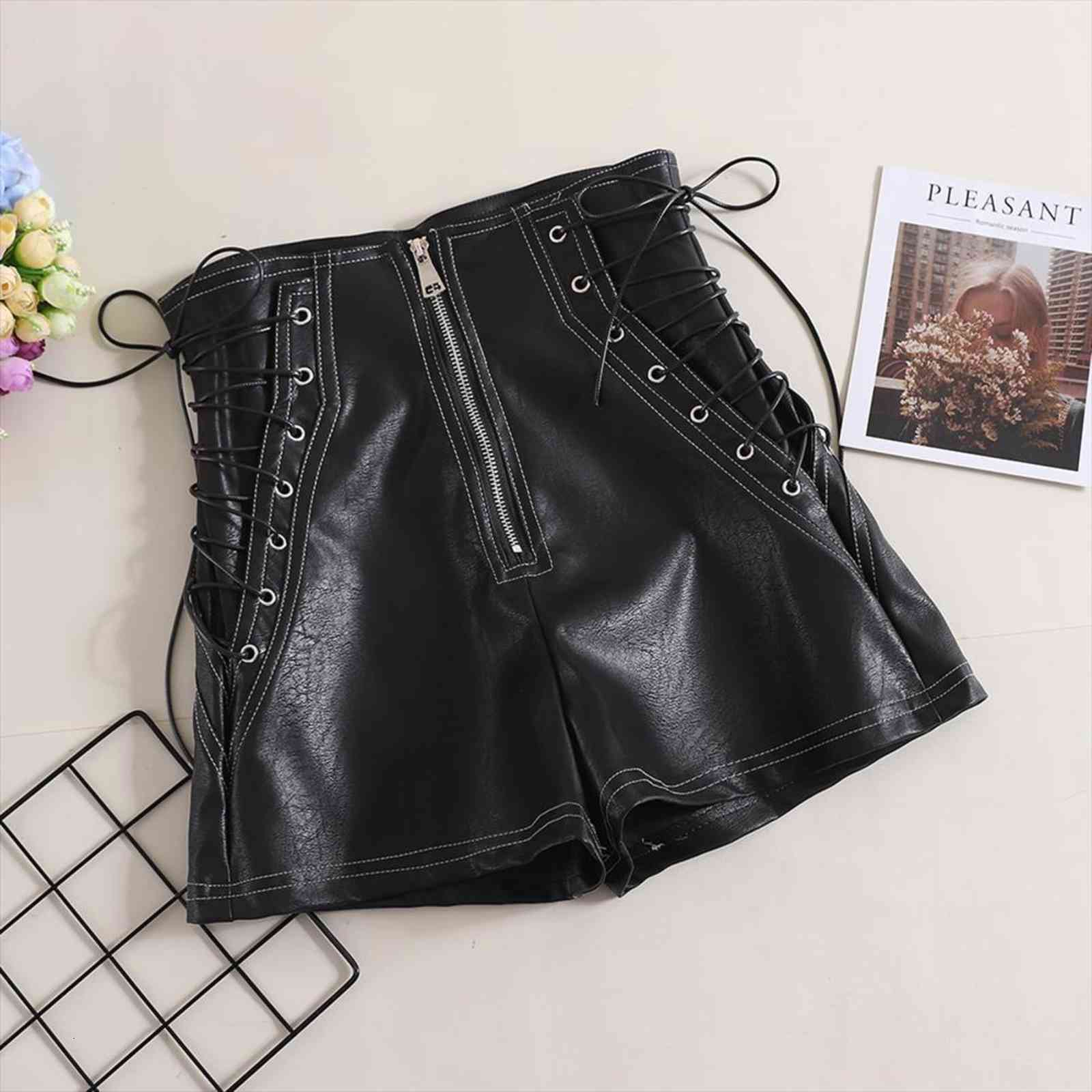 lace up leather american womens shorts fashion black and white simple design casual high waist female, White;black
lace up leather american womens shorts fashion black and white simple design casual high waist female, White;black
