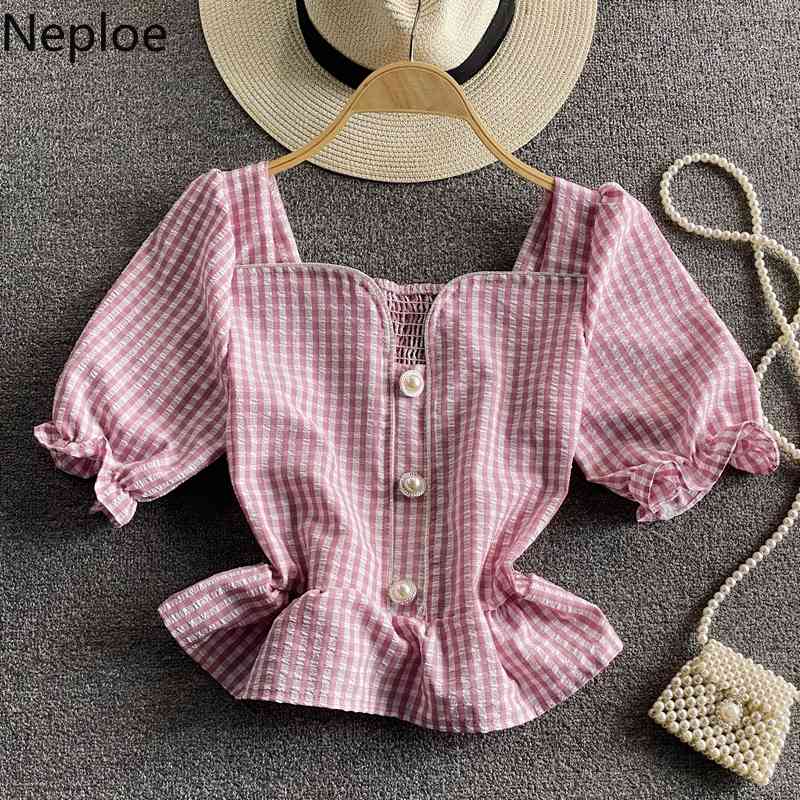 neploe summer shirts sweet chic crop tops square collar puff sleeve plaid blouses korean blouse pleated blusas mujer 210422
