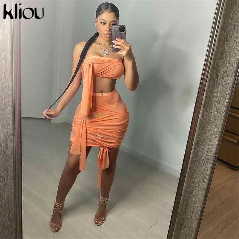 Kliou Halter Ribbons Sheer Sexy Two Piece Set Women Summer Backless Crop Top+Skirts Party Clubwear Matching Outfits 210708