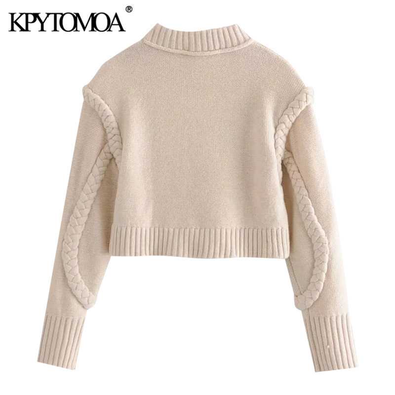 Women Fashion With Shoulder Pads Cropped Cable-knit Sweater O Neck Long Sleeve Female Pullovers Chic Tops 210420