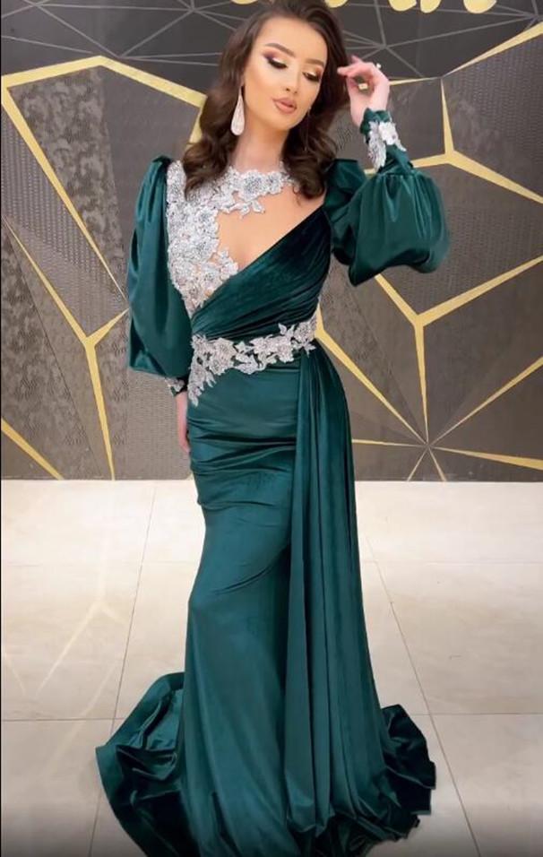 Arabic Aso Ebi Hunter Green Veet Mermaid Prom Dresses 2022 With White Lace Beaded Evening Formal Party Second Reception Wears 0431