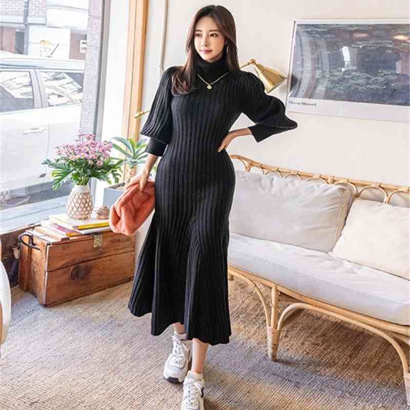 High Quality Autumn Winter Thick Mermaid Knit Sweater Dresses Elegant Lanthern Sleeve Slim Mid-Length Female 210519