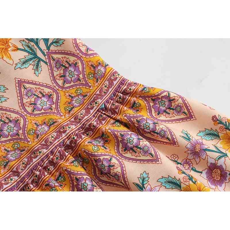 Bohemia Buttons Contrast Color Floral print Dress Summer Holiday WomanShort Sleeve Adjust Strappy Maxi Long Beach 210429