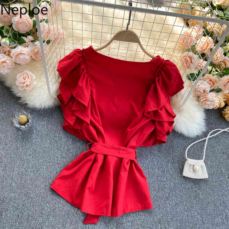 Neploe Women's Blouse Korean Summer Fashion O Neck White blouses High Street Ruffles Sleeveless Lace-up Slim Waist Chiffon tops 210422