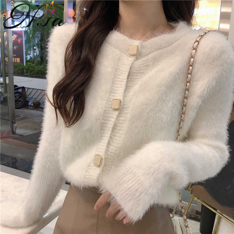 H.SA Women Casual Sweater Cardigans Soft Warm Mohair White Cardigans Long Sleeve Tops ropa mujer Black Mohair Sweater Coat 210716