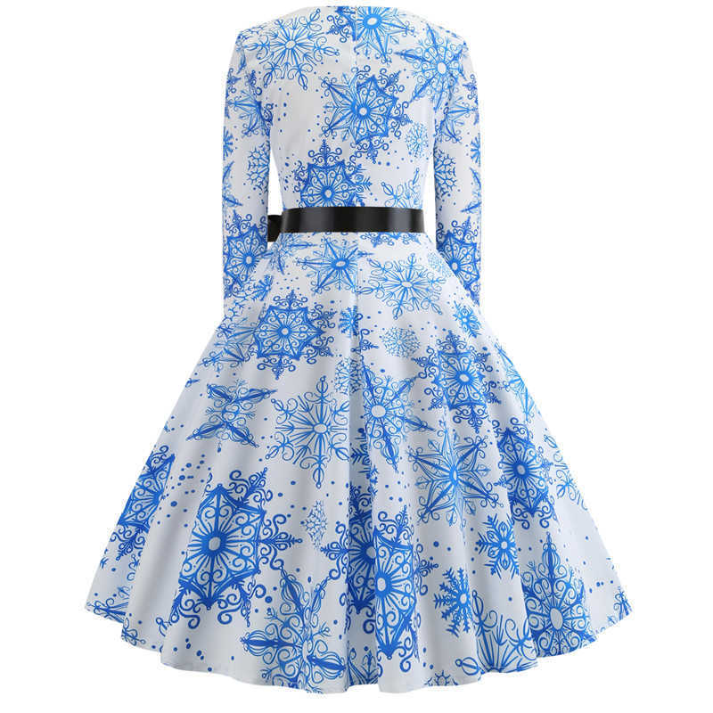 Women Elegant Christmas Dress Long Sleeve Print Vintage Belt Party Dress Snowflake White Autumn Winter Bodycon Dresses Vestidos 210625