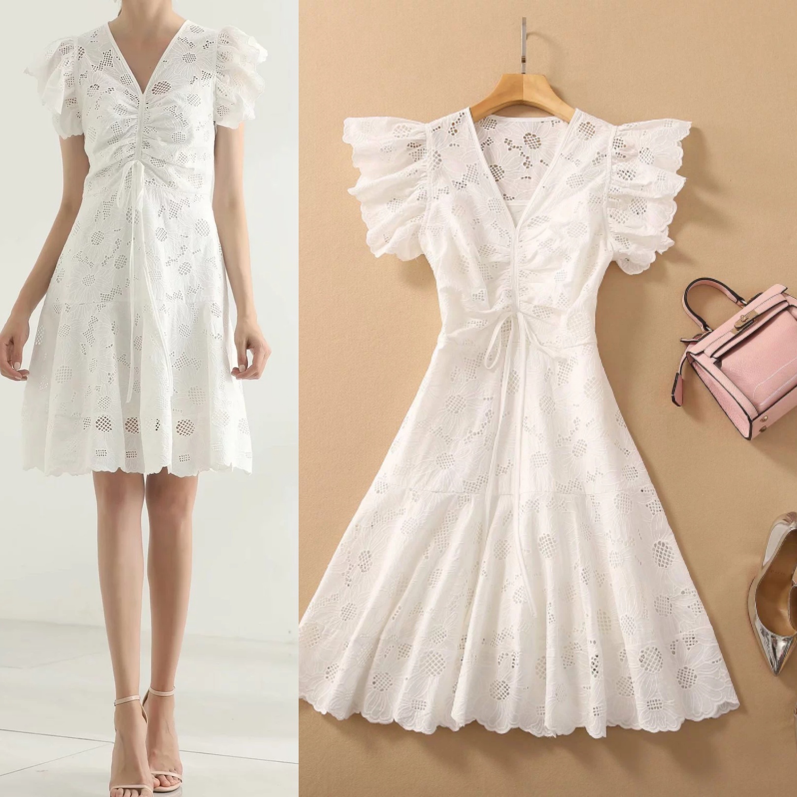 European and American high-quality catwalk style dress V-neck hollow flower pleated large swing flying sleeves, Black
European and American high-quality catwalk style dress V-neck hollow flower pleated large swing flying sleeves, Black