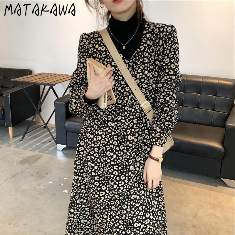 MATAKAWA Hepburn style puff sleeve dress French slim waist femme robe leopard print floral bottoming temperament vestido 210513