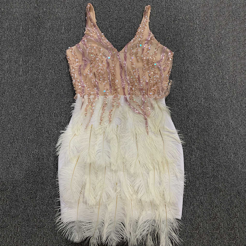 Summer Fashion Women Sequin Feather Dress Sexy V-Neck Sleeveless Leotard Mini Party Vestidos 210527