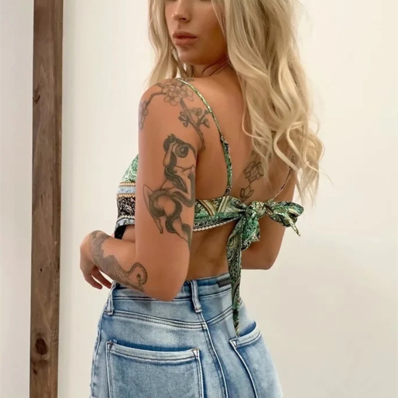 Casual Woman Green Slim Print Spaghetti Strap Cropped Top Summer Sexy Ladies Backless Beach Camisole Female Chic Tanks 210515