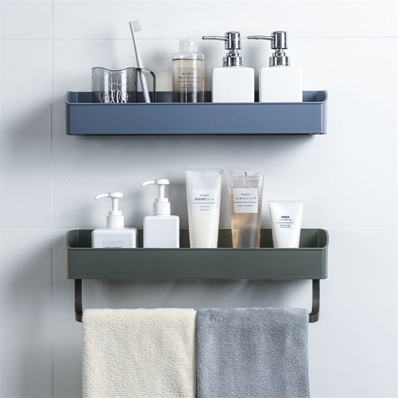 Punch-Free Bathroom Shelf Plastic Bath kitchen Towel Holder Shampoo Cosmetic Storage Rack Household Accessories 210423