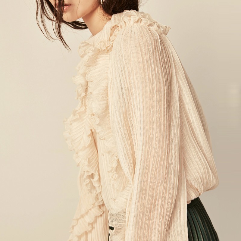 VGH Beige Patchwork Ruffles Women's Shirts Ruffled Collar Butterfly Long Sleeve Loose Slim Female Vintage Top Clothing New 210421