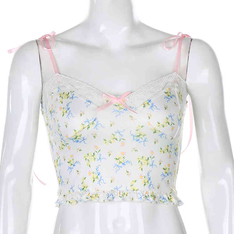 SUCHCUTE yellow flower top women Y2K aesthetics female T-shirt bow Spaghetti Straps E-girl Lace tee vintage summer tees 210406
