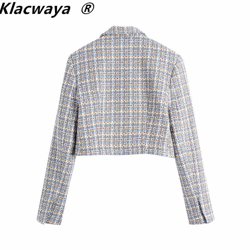 Women Fashion Hidden Button Tweed Cropped Blazer Coat Vintage Long Sleeve Female Outerwear Chic Veste Femme 210521