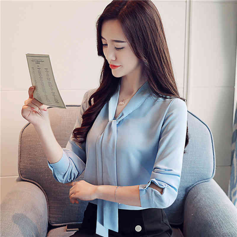 arrived women blouse autumn wear long sleeves bow tie Ribbon chiffon Korean style top slim blusa 1022 40 210506