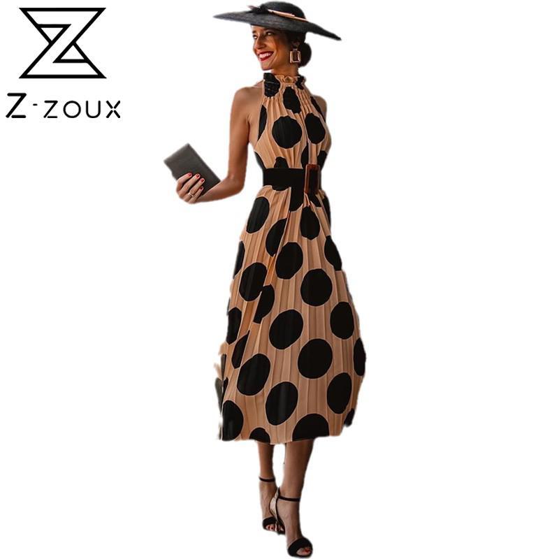 Women Dress Temperament Pleated es Sleeveless Dot Printed Halter Long Fashion Plus Size Summer es 210524