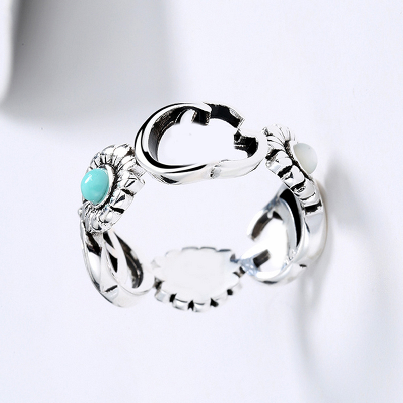 Women Girl Daisy Turquoise Ring Flower Letter Rings Gift for Love Girlfriend Fashion Jewelry Accessories Size 5-9