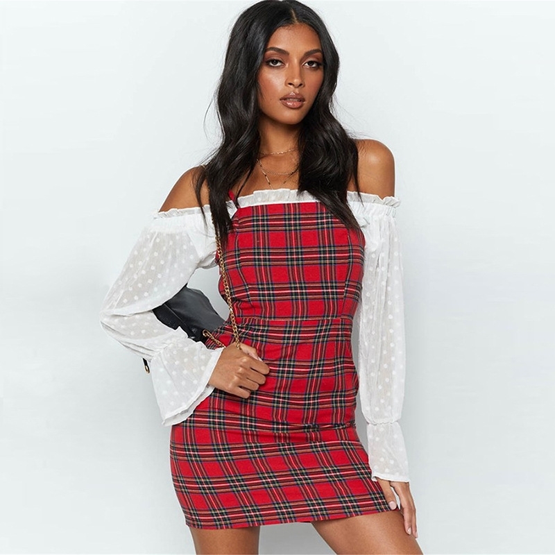 summer women's dress with one line collar and check pattern, slim fit, British style and fashionable dress 210602