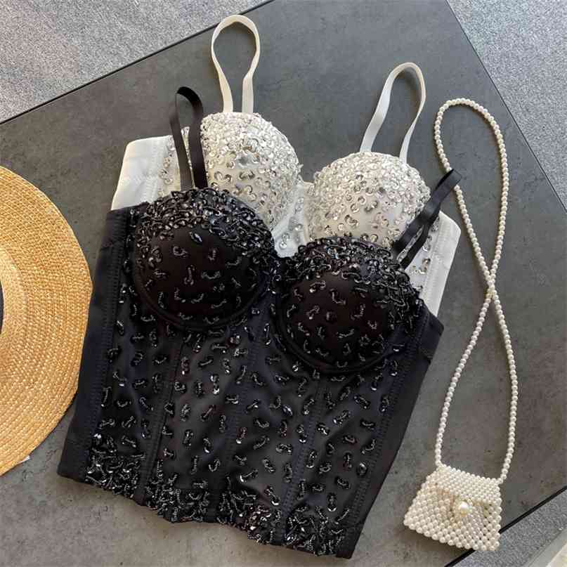 Women Fashion Sexy Bling Sparkle Sequin Beaded Camisole Dance Push Up Bustier Corset Bra Night Club Party Cropped Tops R074 210527