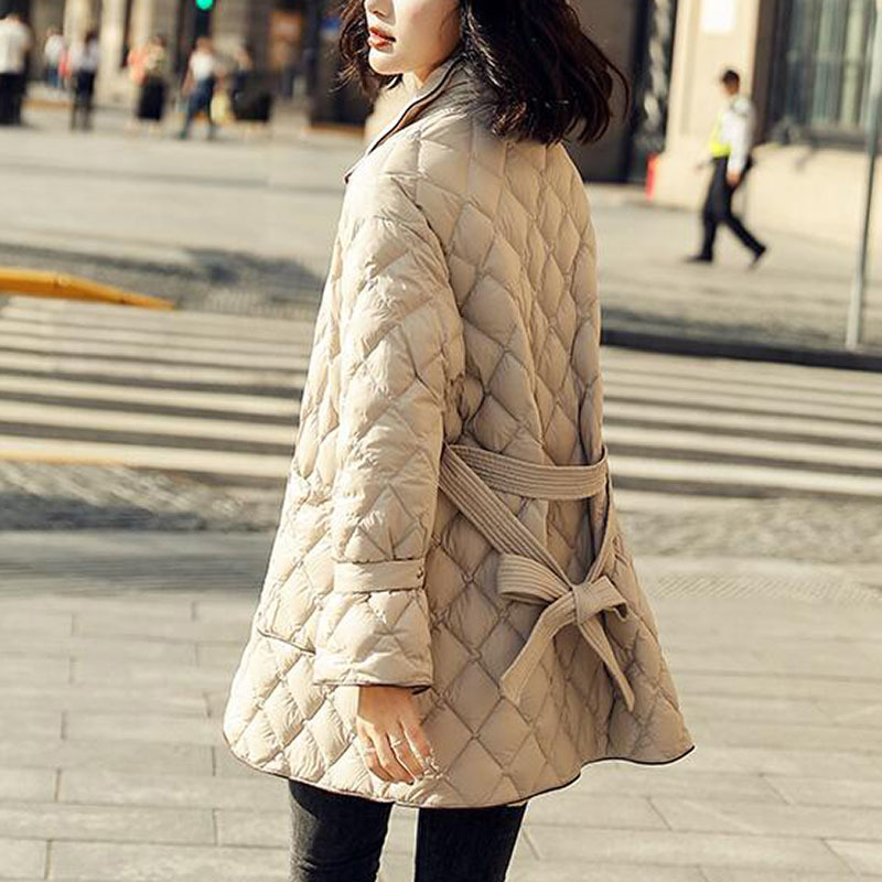 Long Women's Argyle Padded Parka Jacket With Belt | Winter B4