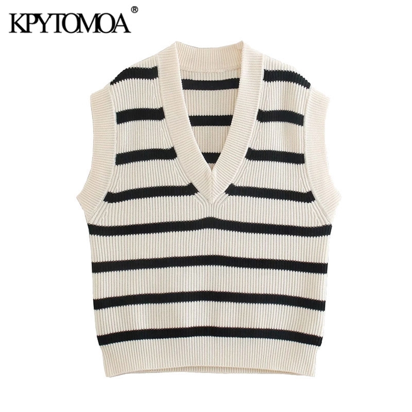 Women Fashion Oversized Striped Knitted Vest Sweater V Neck Sleeveless Female Waistcoat Chic Tops 210420