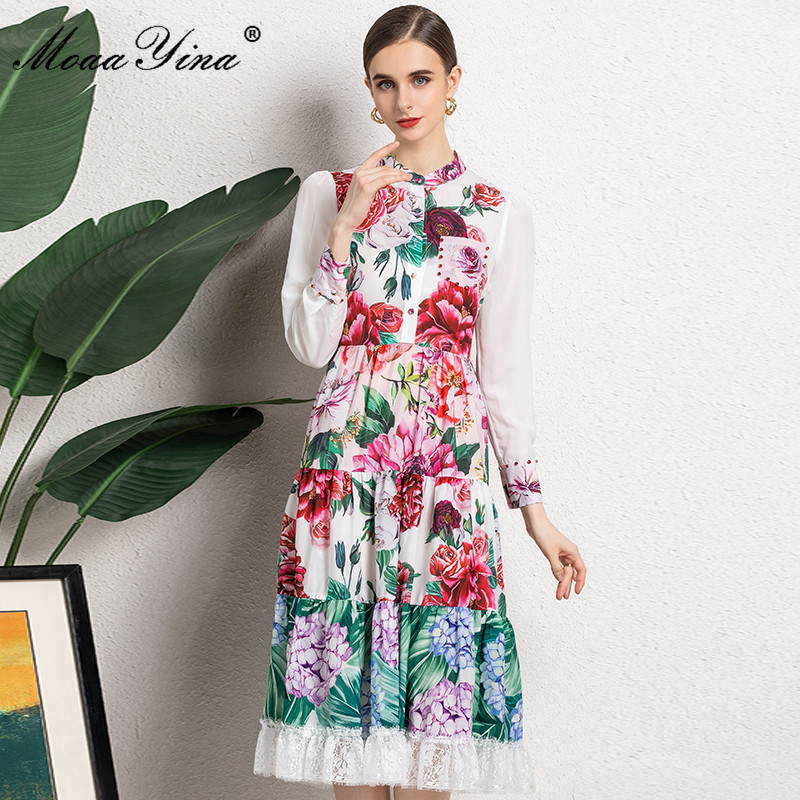 Fashion Runway Summer Dress Women Long sleeve Single-breasted Flower Print Lace Splicing Elegant Party Midi 210524