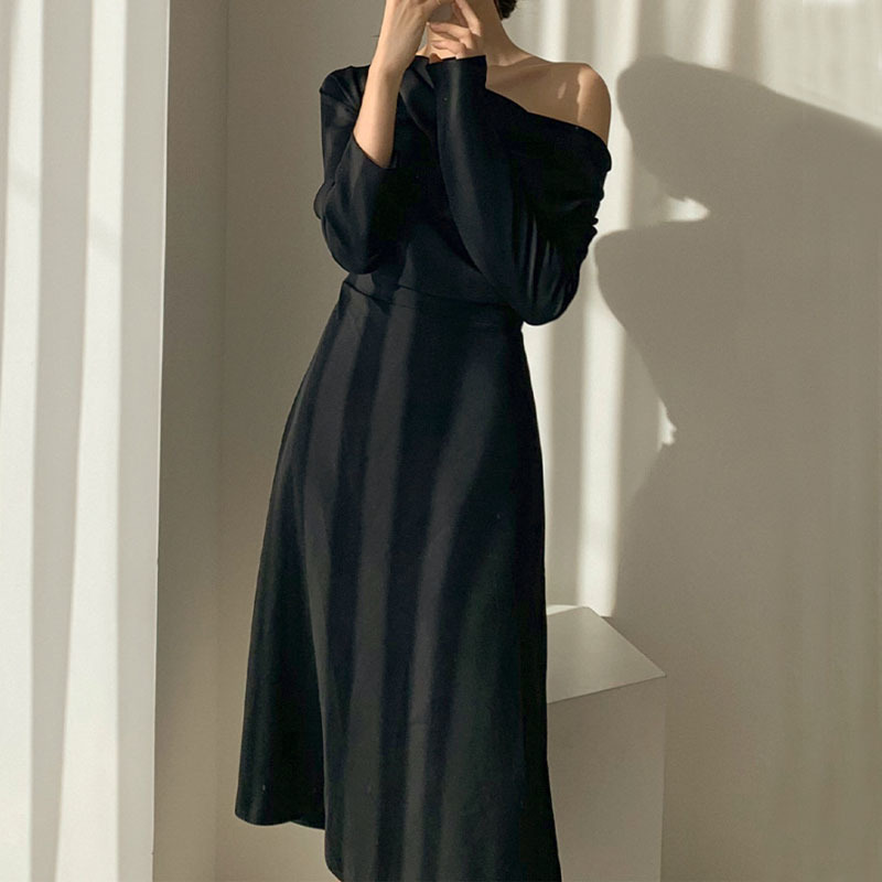 Long Sleeve Office Ladies Dresses Vestidos Slash Neck Black White Party Female Spring Summer Women 13067 210508