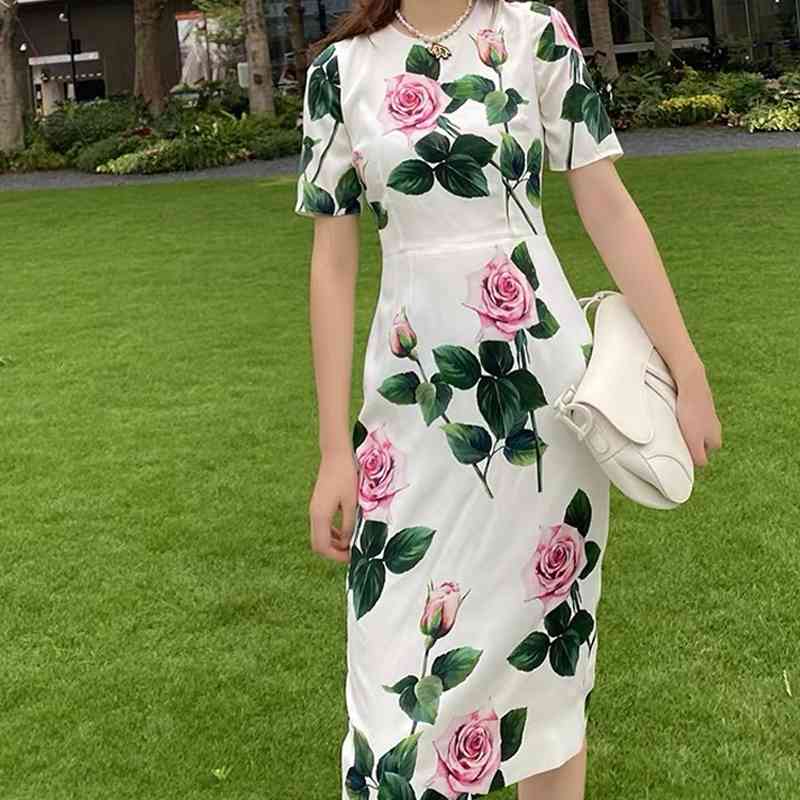 Runway Custom Summer Party Midi Dresses Women's Fashion ONeck Short Sleeve Rose Flower Print White Office Elegant Dress 210421