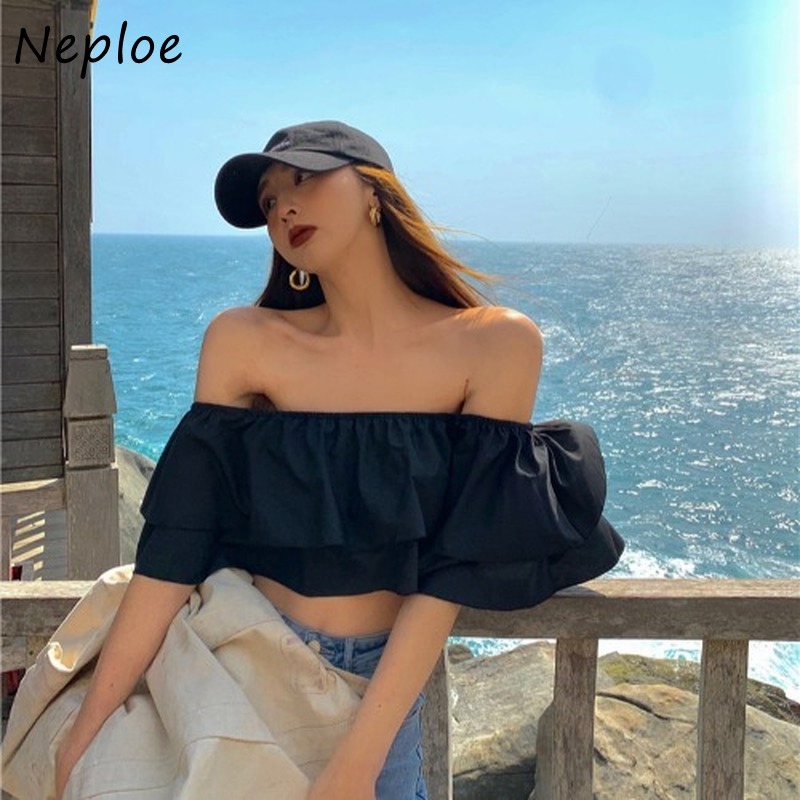 Neploe Sexy Slash Neck Shoulder Strapless Solid Blouse Women Ruffles Patchwork Elegant Blusas Summer Solid Shirt Femme 210510