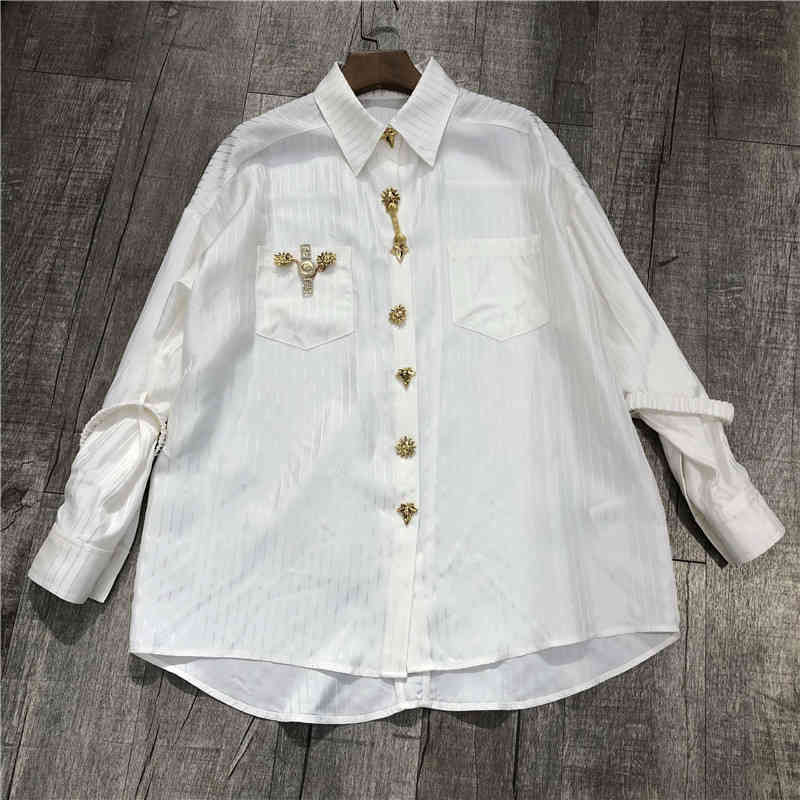 VGH Casual Patchwork Diamond Striped Blouse For Women Lapel Long Sleeve Loose White Shirts Female Fashion New Clothing Fall 210421