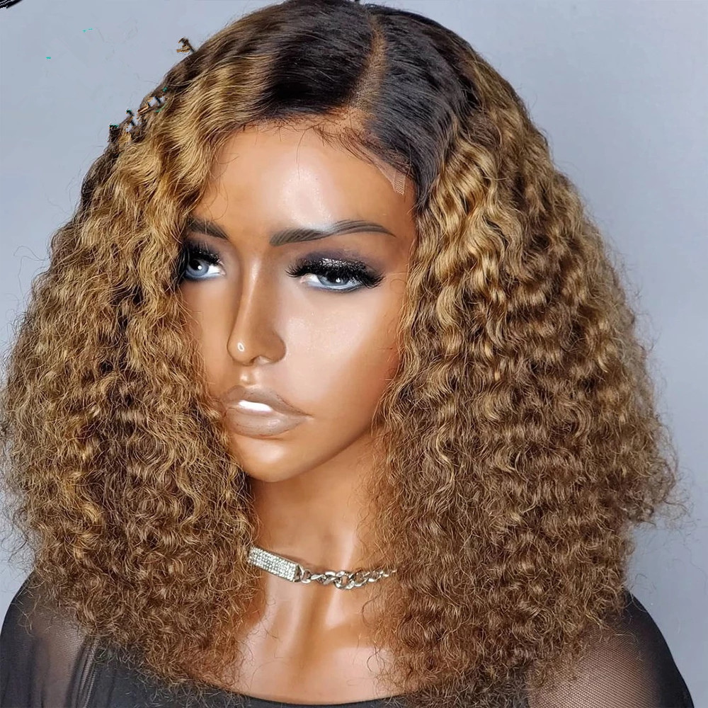 Golden blonde ombre loose curly bob lace front human hair wigs pre plucked hd undetectable wig for sale 150% gorgeous natural scalp