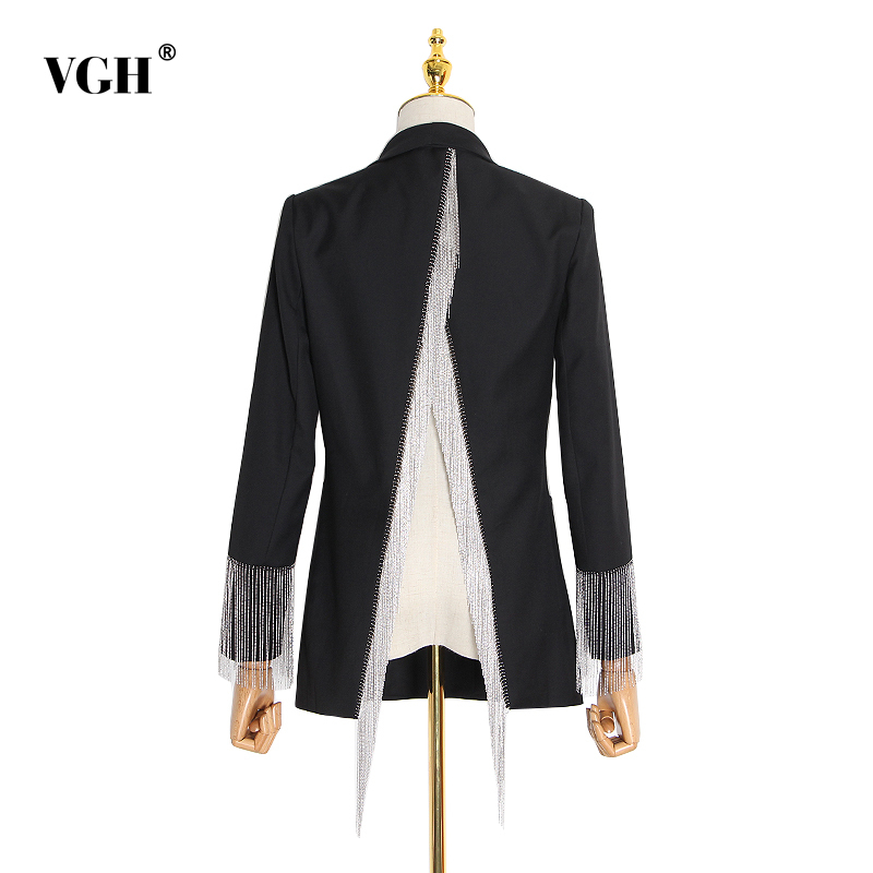 VGH Patchwork Tassel Casual Women's Blazer Notched Long Sleeve Hollow Out Black Tops Female Fashion New Clothing Autumn 210421