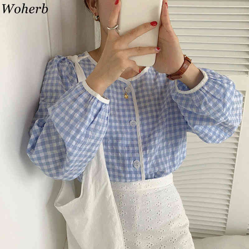 Women Plaid Shirt Long Sleeve Crew Neck Single Breasted Loose Female Tops Harajuku Cute Blouses Casual Korean Chic Blusas 210519